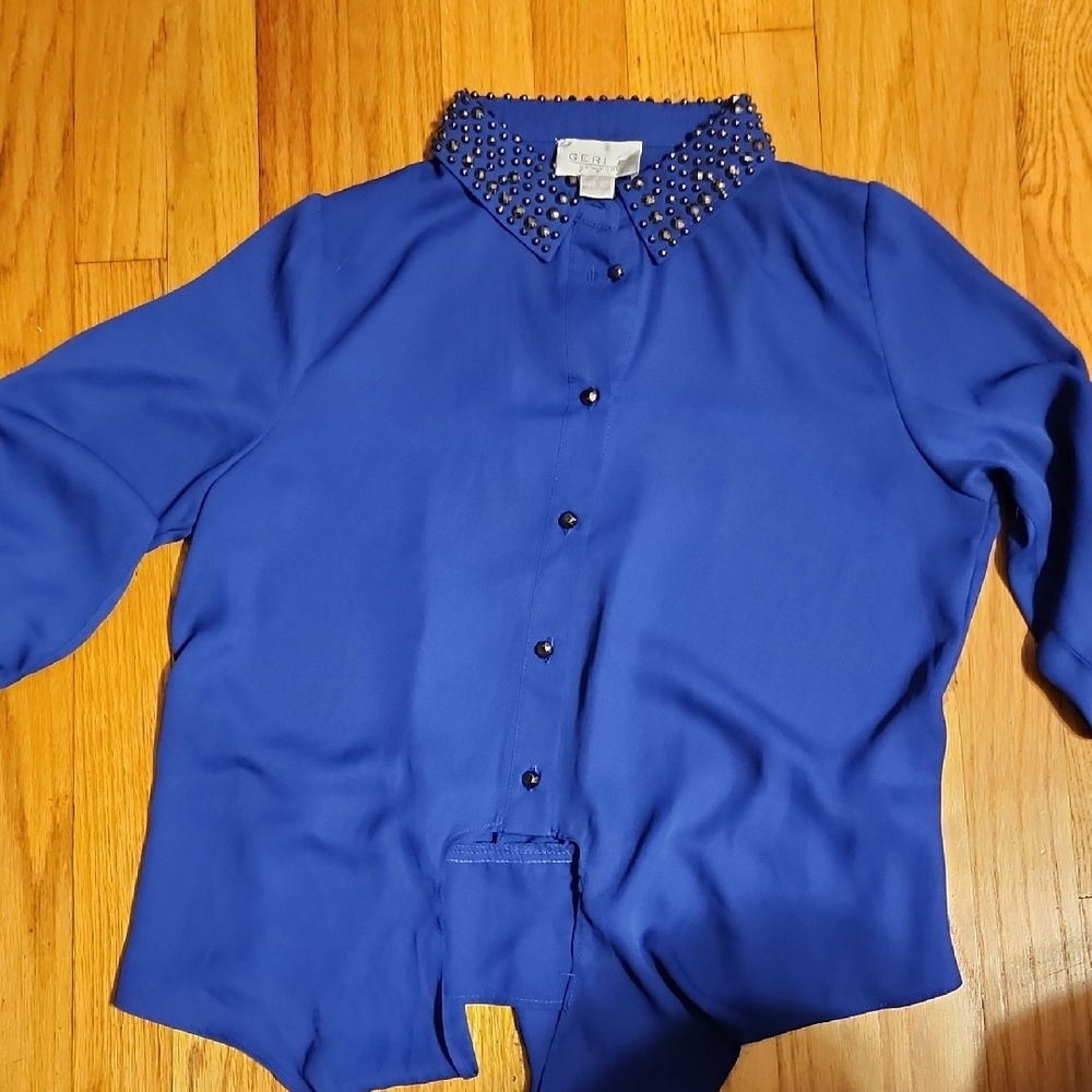 Chic Blue Button-Down Shirt with Embellished Studded Collar
